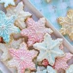 pink, white and blue decorated sugar cookies viewed from above.