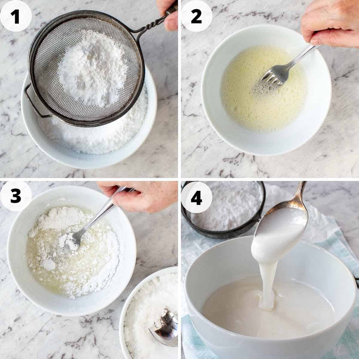 four-step photo collage showing how to make royal icing for sugar cookies.