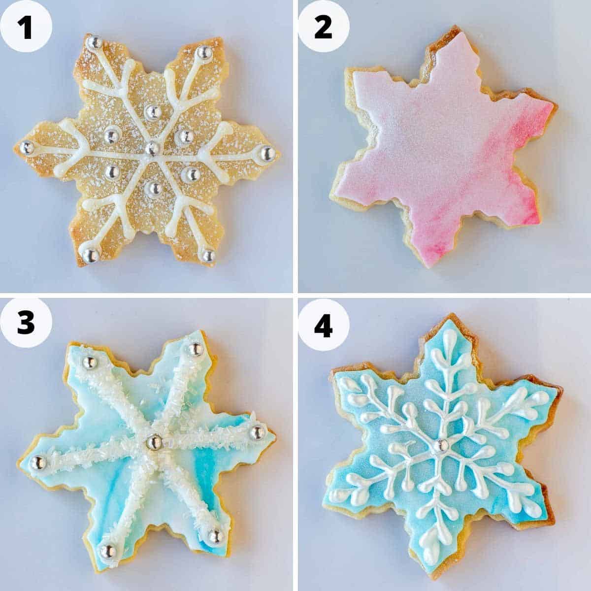 four-step photo collage showing four different ways to decorate sugar cookies.