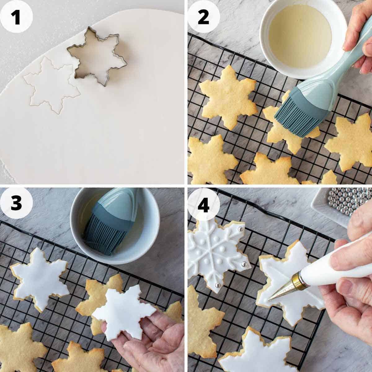 four-step photo collage showing how to decorate sugar cookies.