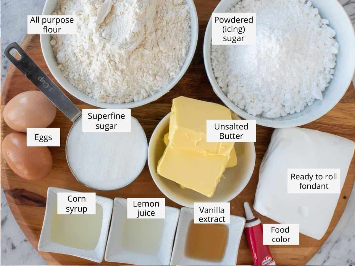 Ingredients for snowflake sugar cookies as in the recipe card.