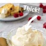 image with text. text read Italian Mascarpone Cream. Image is mascarpone cream in a bowl with gold spoon