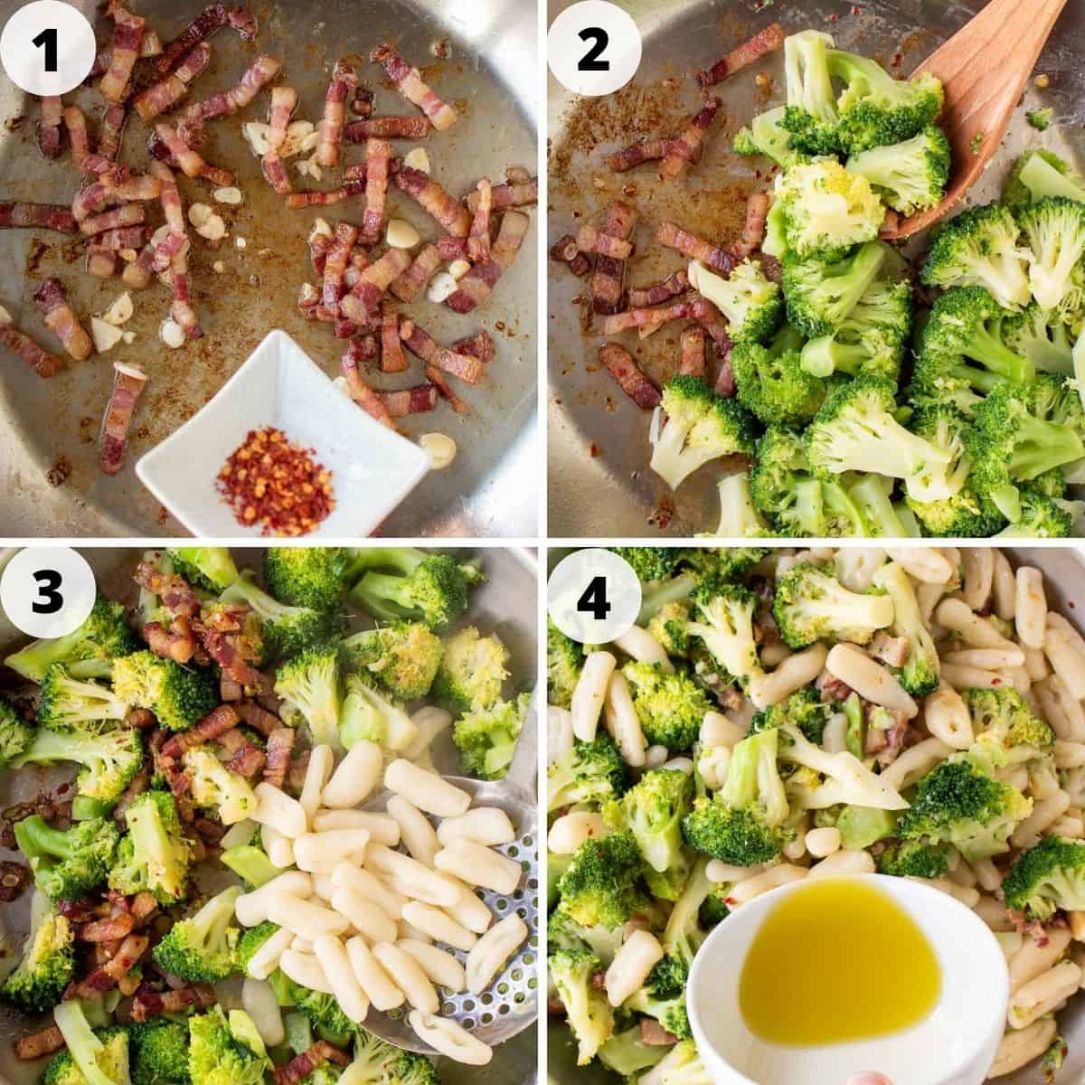 4-step photo collage showing how to make cavatelli and broccoli.