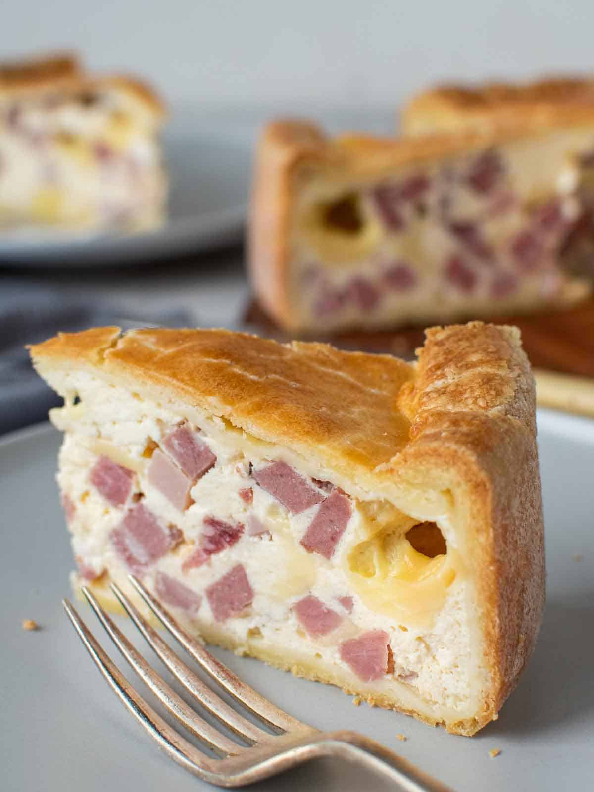 Close up of a slice of pizza gaina with whole pie in the background.