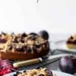 image with text. text reads german plum cake with buttery streusel. image is slice of plum cake on white plate with whole cake in the background.
