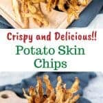 two images with text. text reads " crispy and dleicious potato skin chips. top image is potato skin chips in black bowl on wooden board viewed from above. bottom image is potato skin chips piled into black bowl placed onto a wooden board with more chips on the board and a spoon filled with salt.