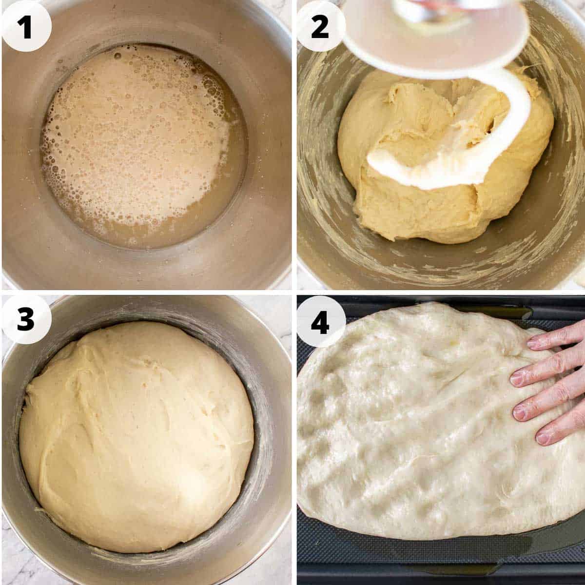 A four step process images showing how to focaccia dough.