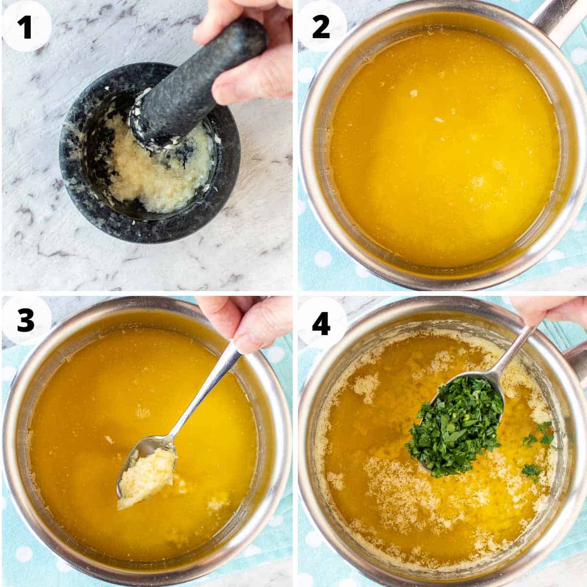 A four step collage showing the steps required to make the recipe.