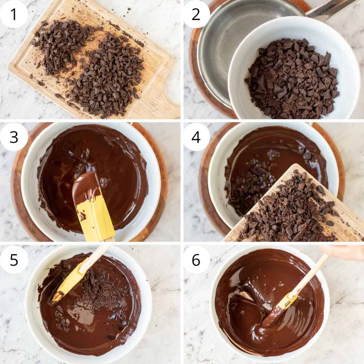 6 step photo collage showing how to temper chocolate easily.
