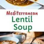 close up of brown soup in blue bowl.