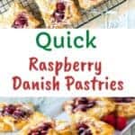Raspberry Danish pastries on white plate and on black wire rack.