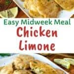 Chicken Limone on a white plate garnished with chopped parsley.