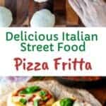 Pizza fritta with tomato sauce, cheese and basil leaves.