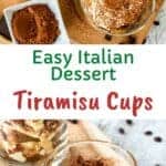 Tiramisu cups on wooden board.