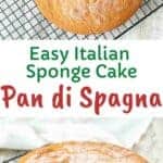 Pan Di Spagna on a black wire rack with granulated sugar on top.