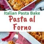 Pasta al forno in a white baking dish with a scoopful lifted up.