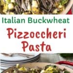 Pizzoccheri pasta with cabbage and potatoes in red pan.