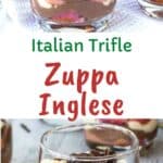 Zuppa Inglese in a glass with a gold spoon standing upright in the dessert.