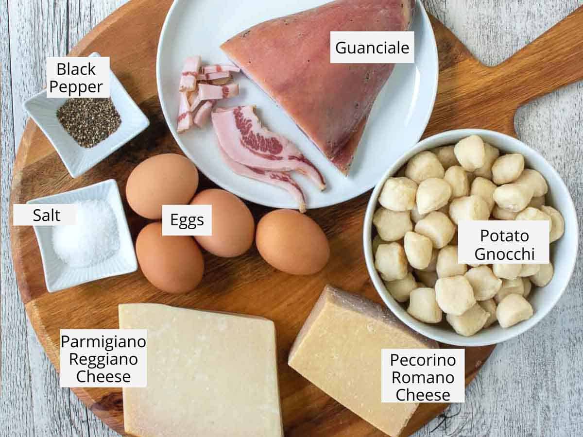Ingredients for this carbonara recipe viewed from above.