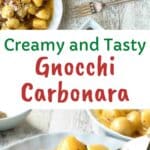 Gnocchi carbonara on a white plate.