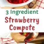 Strawberry Compote in a glass jar with a spoonful being poured in.