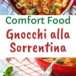 Gnocchi alla sorrentina in a round red pan with plate in the background.