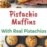 Two pistachio muffins stacked on a black wire rack with more muffins in the background.