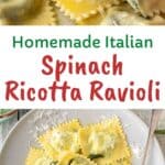 Spinach Ricotta ravioli on a off white plate with a sprinkle of finely grated cheese.