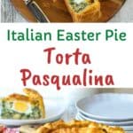 A slice of torta pasqualina on a white plate showing a hard boiled egg in spinach filling.