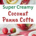 Coconut panna cotta on a white plate topped with sliced strawberries and passion fruit with more in the background.