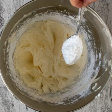 Spoonful of powdered sugar suspended over steel bowl filled with creamy mixture.