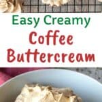 Coffee buttercream frosting in a bowl and being piped on cupcakes.