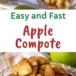 Apple compote in a cut glass dish with green apples in the background.