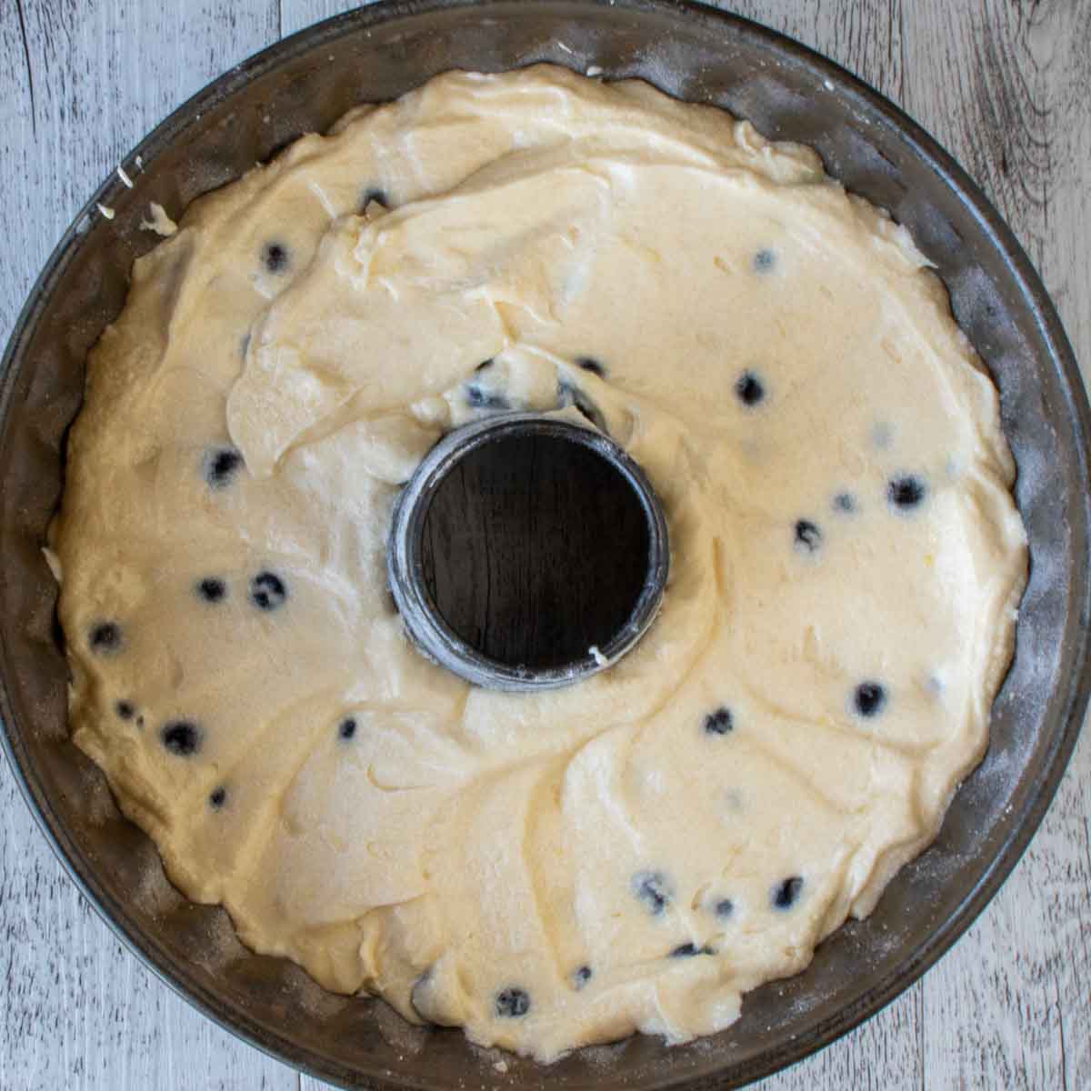 Cake batter with blueberries in a bundt pan viewed from above.