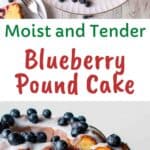 Blueberry pound cake on a white cake stand with a slice cut and pulled out.