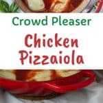 Chicken Pizzaiola in a red skillet with one piece being lifted out with a spoon.