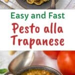 Pesto alla Trapanese in a grey bowl on a white cloth.