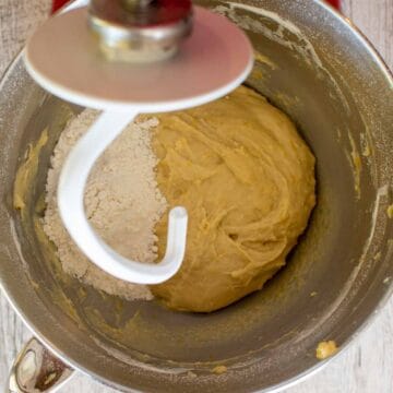 Soft dough in the bottom of a steel bowl with some flour on half of the dough and a dough hook shown above the bowl.