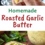 Roasted garlic butter in a jar with a spoon inserted.