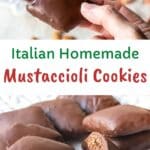 Mustaccioli cookies on a white embossed plate.