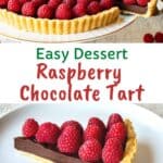 Chocolate Raspberry Tart on a white footed cake plate.