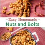 Nuts and Bolts in a white square ceramic bowl with fingers picking up some.
