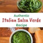 Italian salsa verde in a glass bowl with a painted wooden spoon in it.