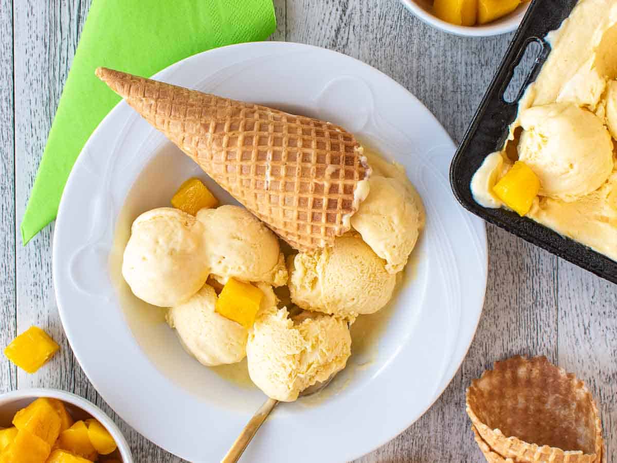 Pale yellow scoops of gelato in a plate with a waffle cone.