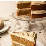 Cappuccino Cake with a slice on a plate and remaining cake in background.