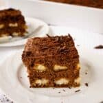 Large square piece of Chocolate Tiramisu on a white plate.