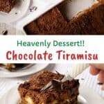 Large square piece of Chocolate Tiramisu on a white plate.