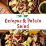 Octopus salad in a bowl on a wooden board.