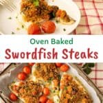 Baked Swordfish with a gratin topping surrounded by baked cherry tomatoes.