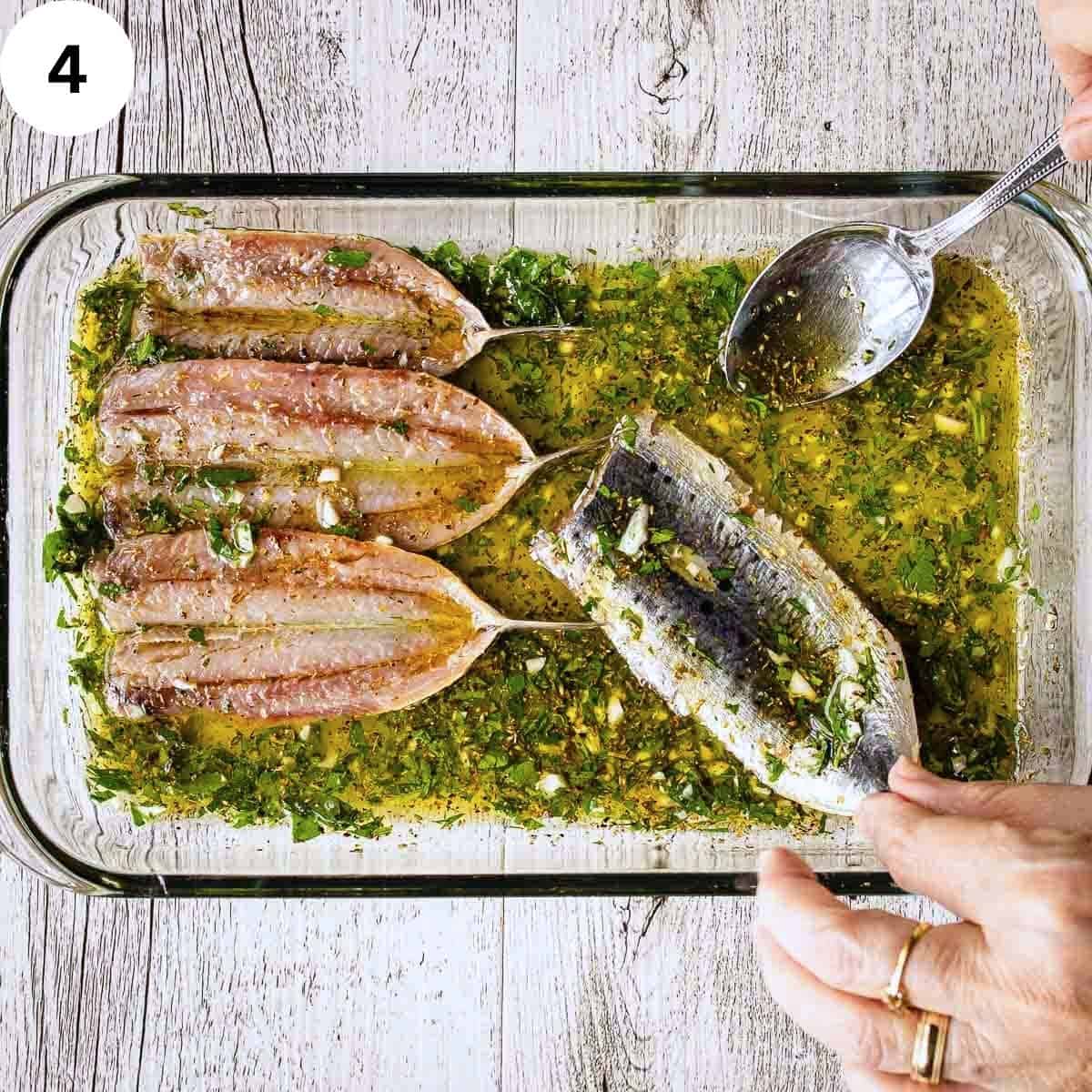 Placing butterflied and cleaned sardines in a herb and olive oil marinade.